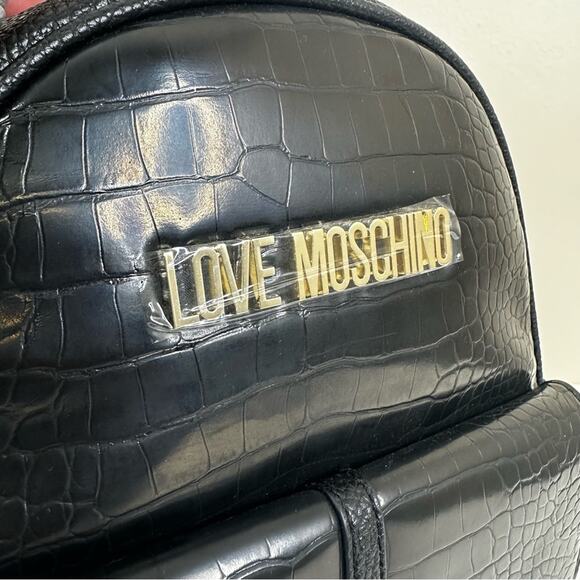 NEW Love Moschino Backpack Black Faux Leather Croc-Effect Bag
